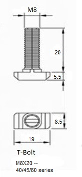 T-Bolt M8X20 With Flange Nut 455060 Series